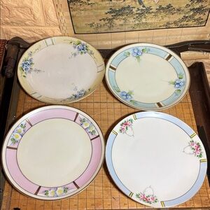 4 Meito Plates 6.5”D Gold Trim Mixed Pastel Borders Flowers Hand Painted Japan